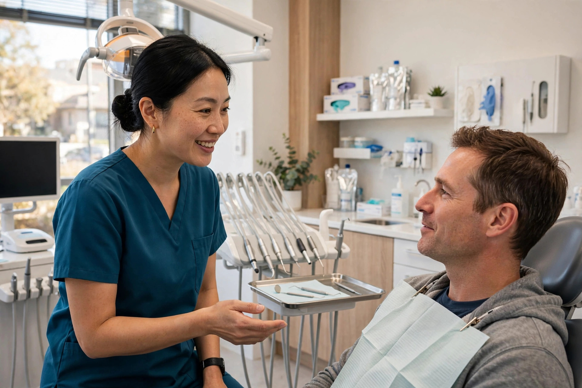 Dentist consulting with a patient in a modern dental office