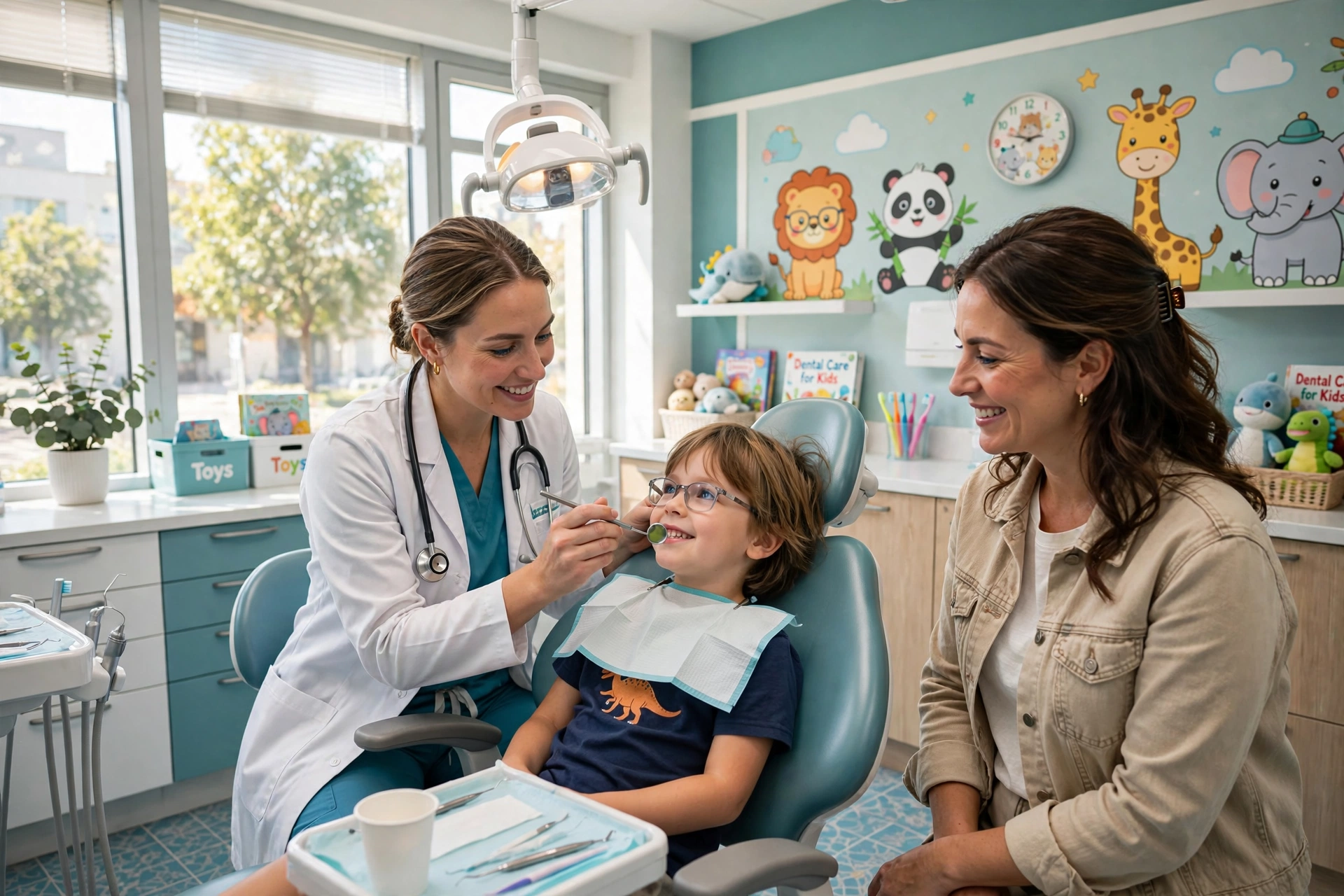 Dentist gently examining a young patient's teeth