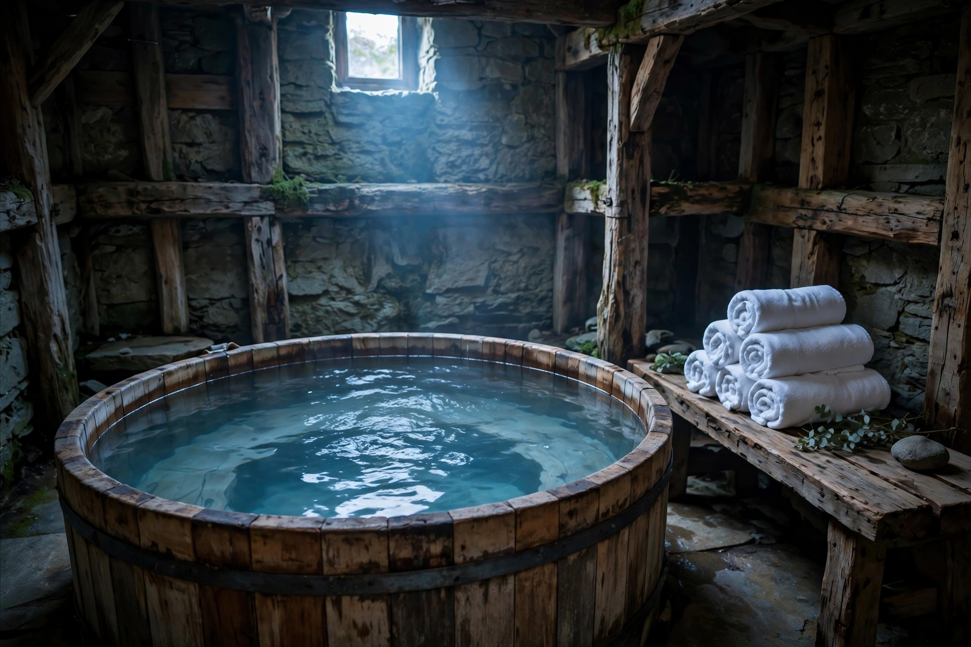 Rustic wooden cold plunge pool (concept imagery)