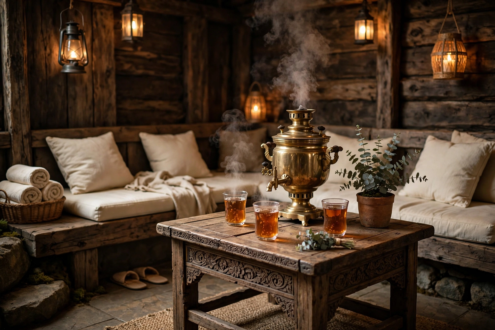 Cozy rustic tea lounge with samovar (concept imagery)