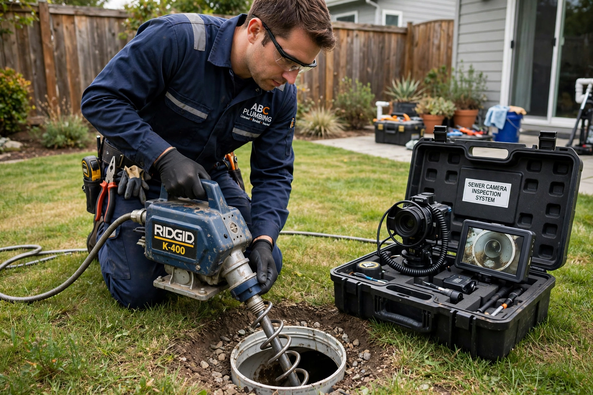 Harts technician performing drain cleaning (concept imagery)
