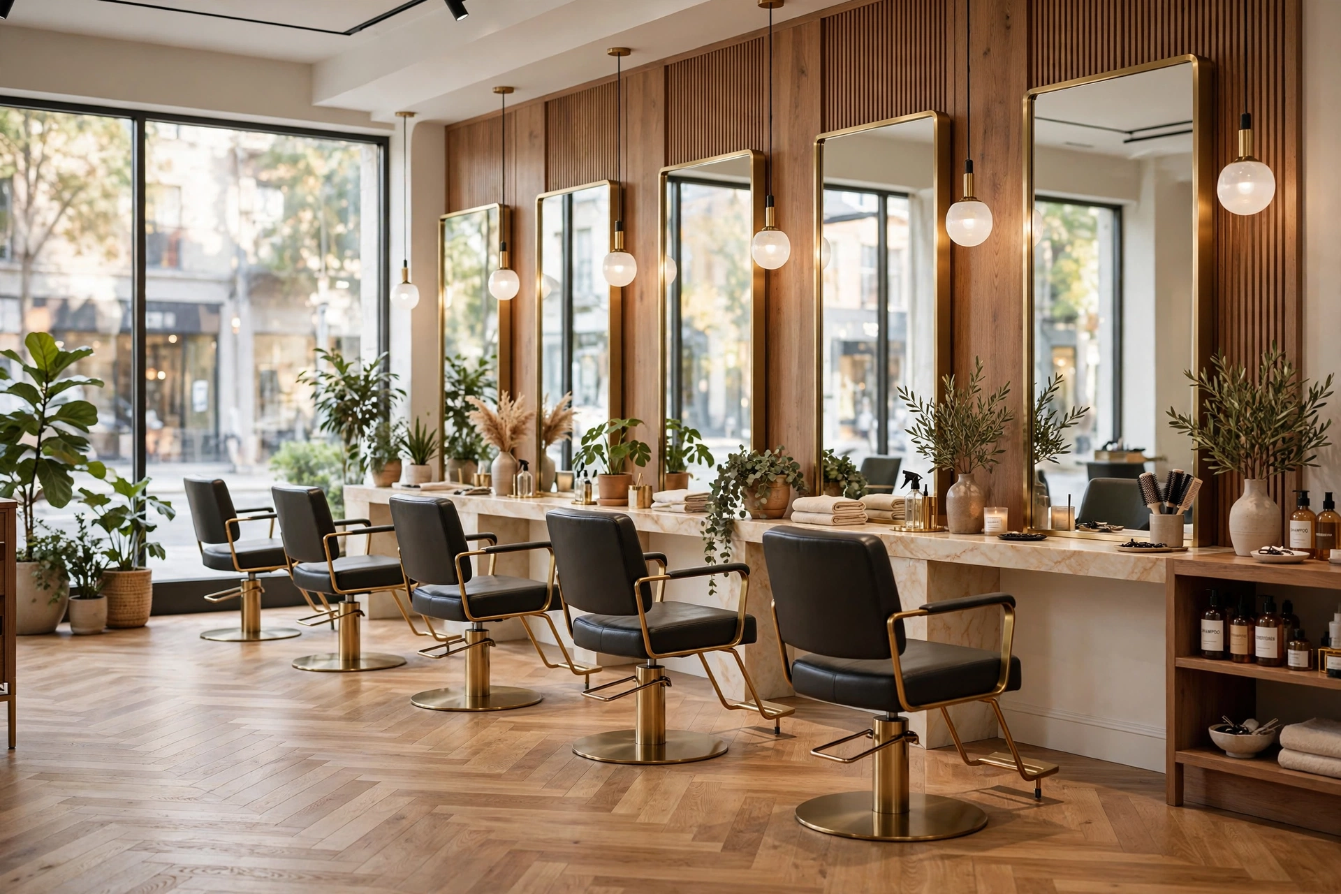 Warm, light-filled boutique hair salon interior