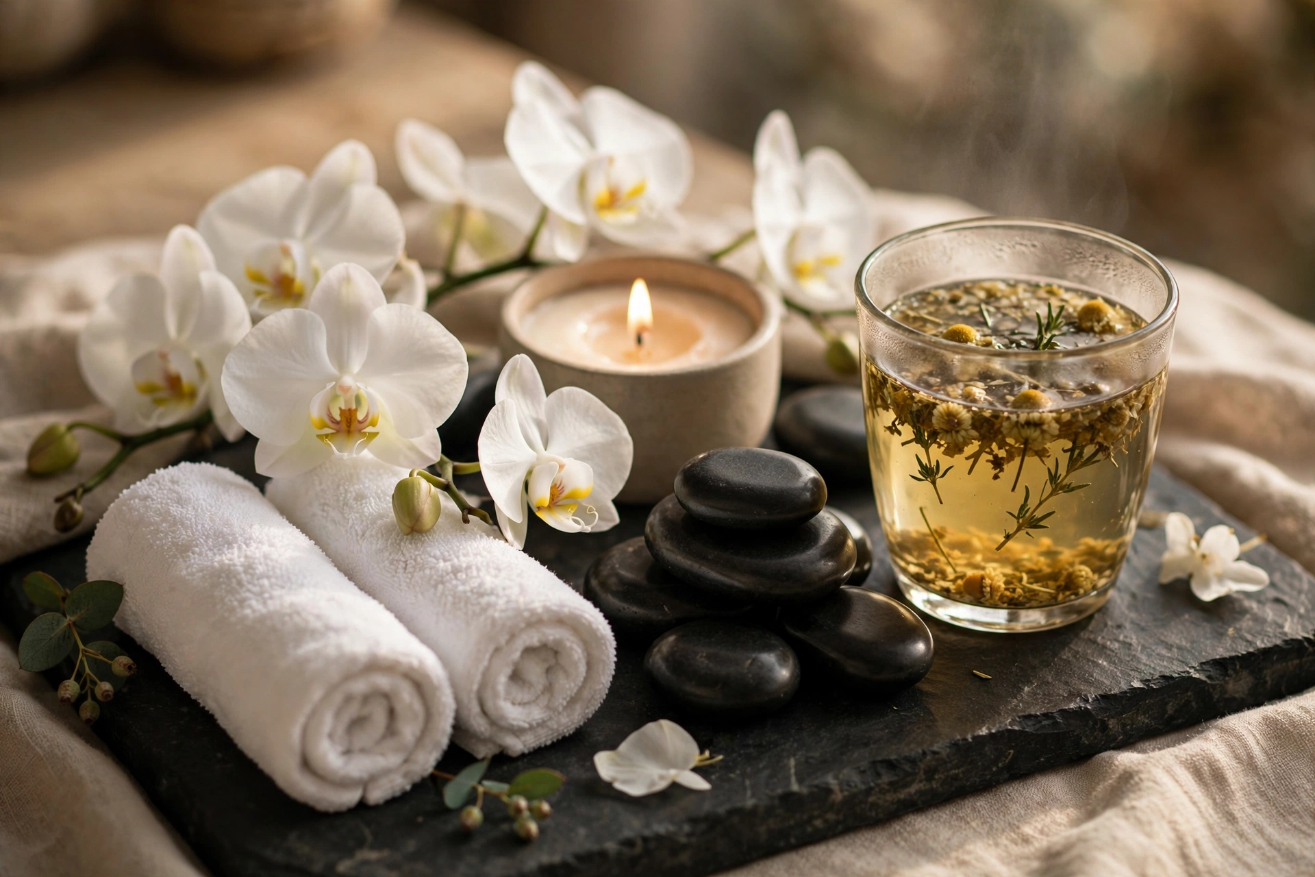 Facial ritual with orchids, towels and stones