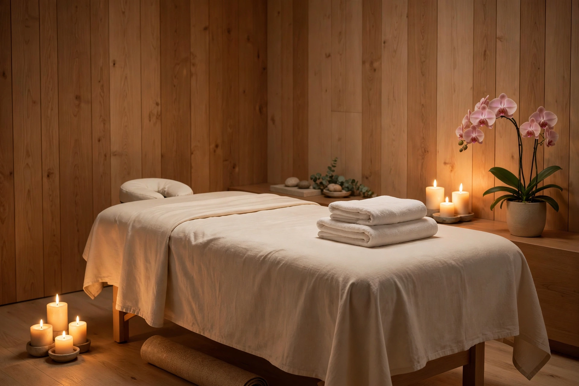 Spa treatment room with warm light and candles