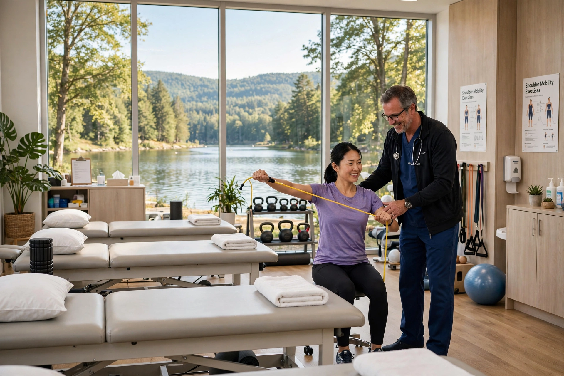 Concept image: one-on-one guided exercise in a bright clinic