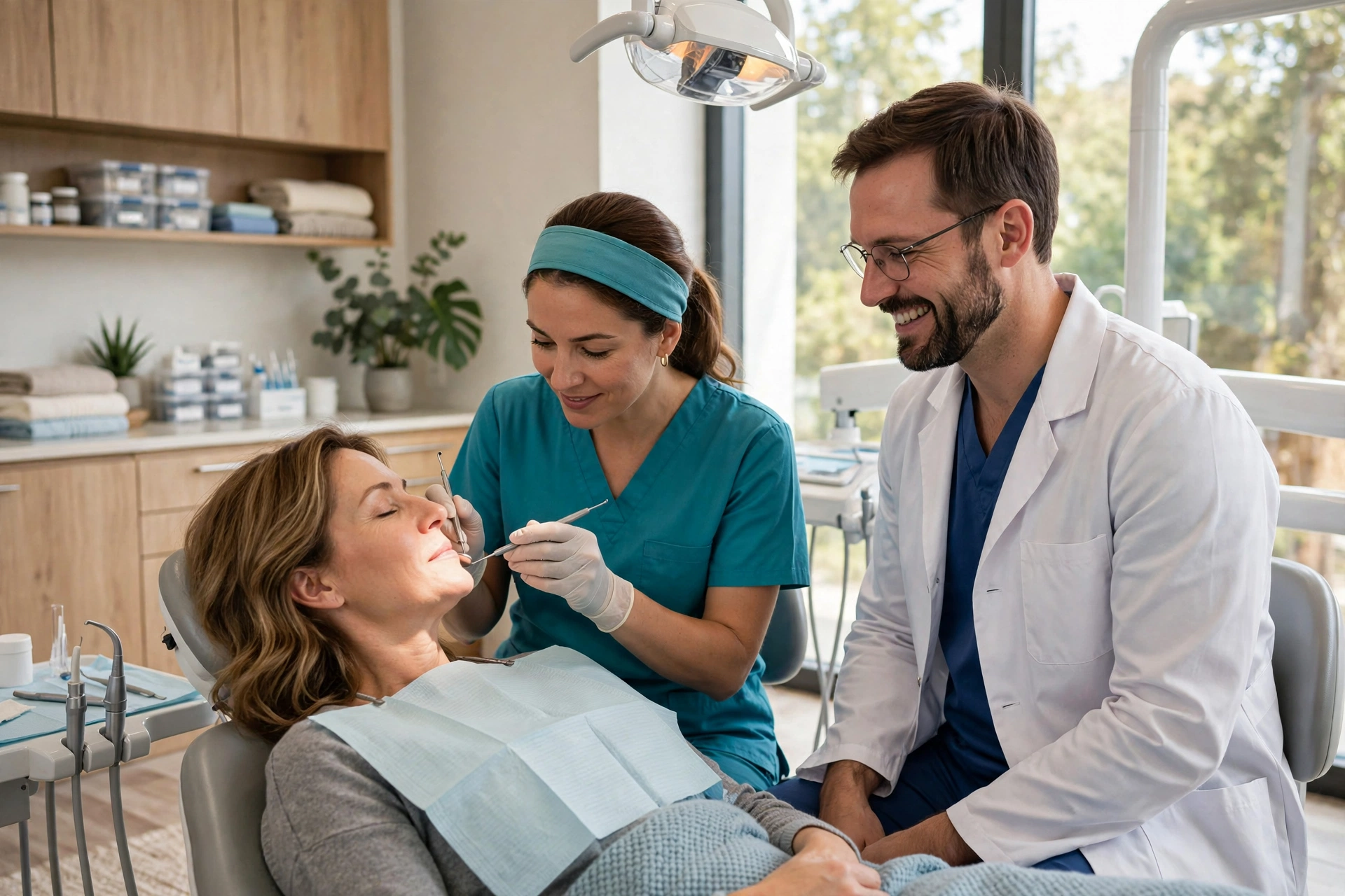 Dentist and hygienist with a patient during a checkup