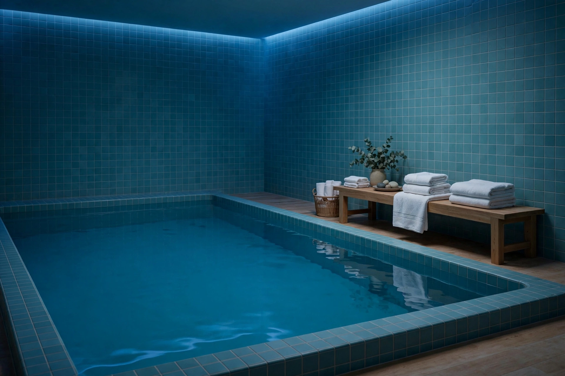 Calm open float room with still blue water