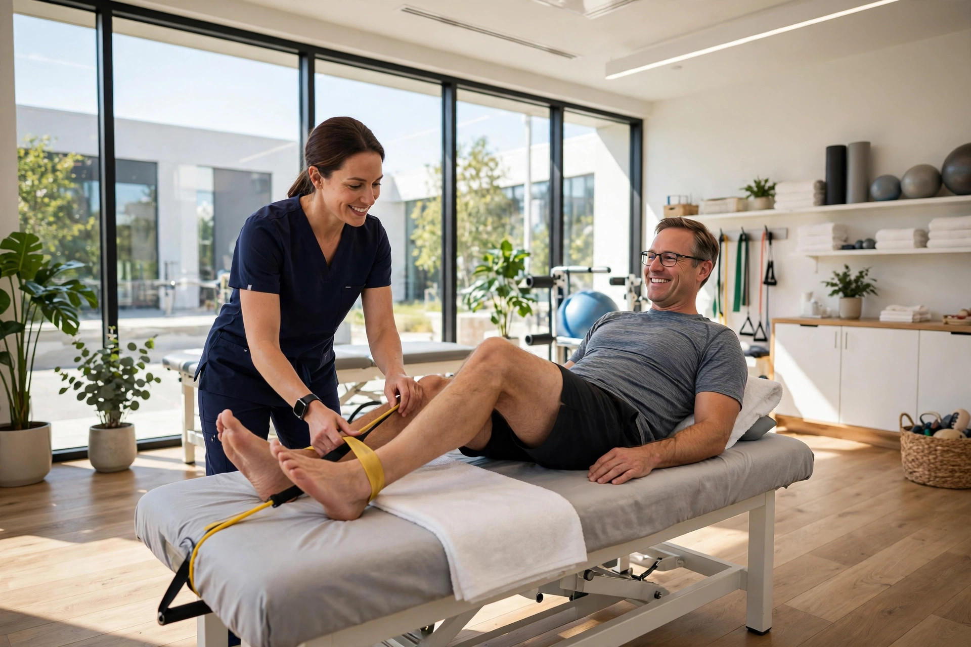 Therapist guiding a patient through rehab
