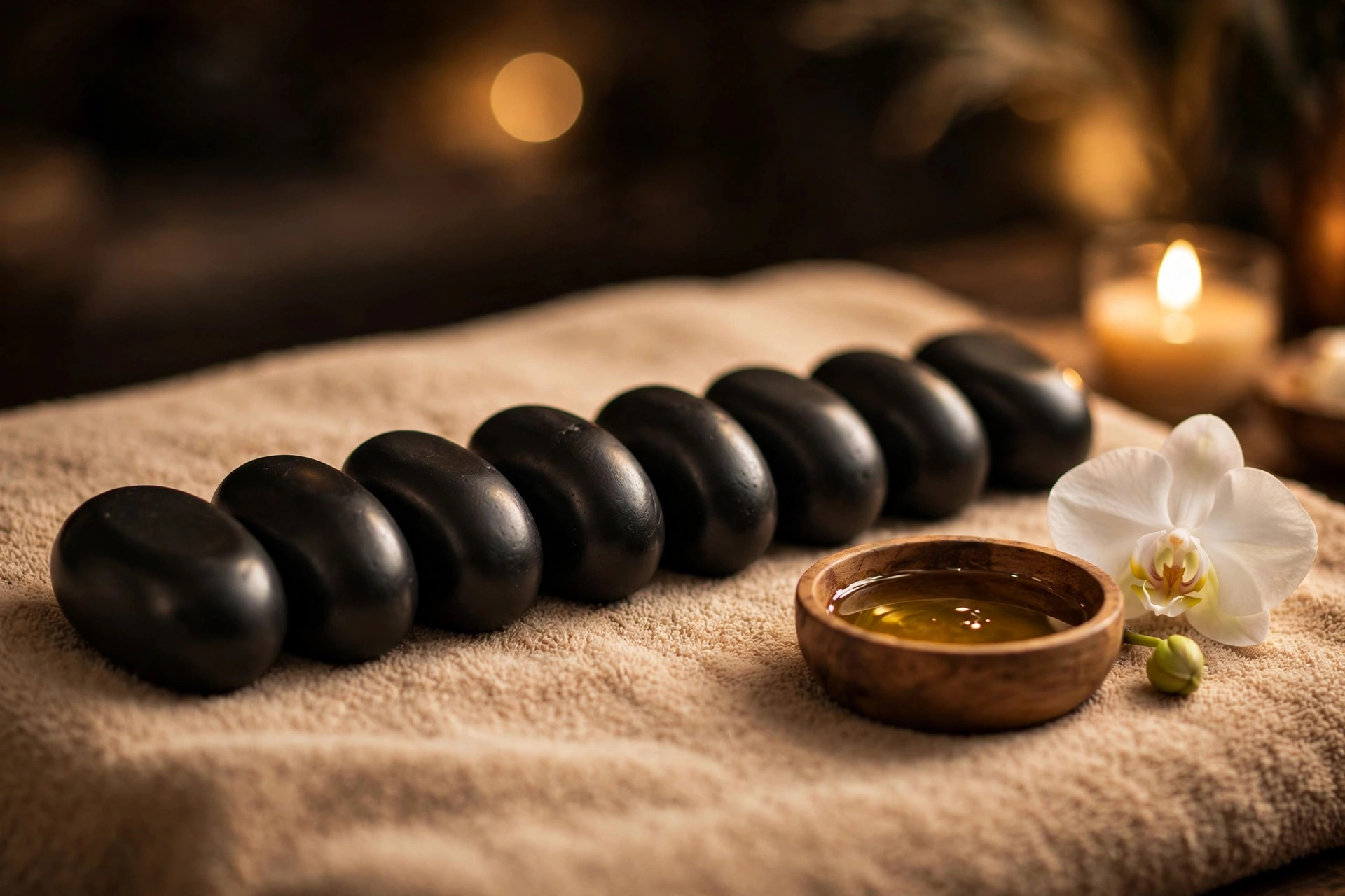 Hot stones and massage oil arranged on a spa towel